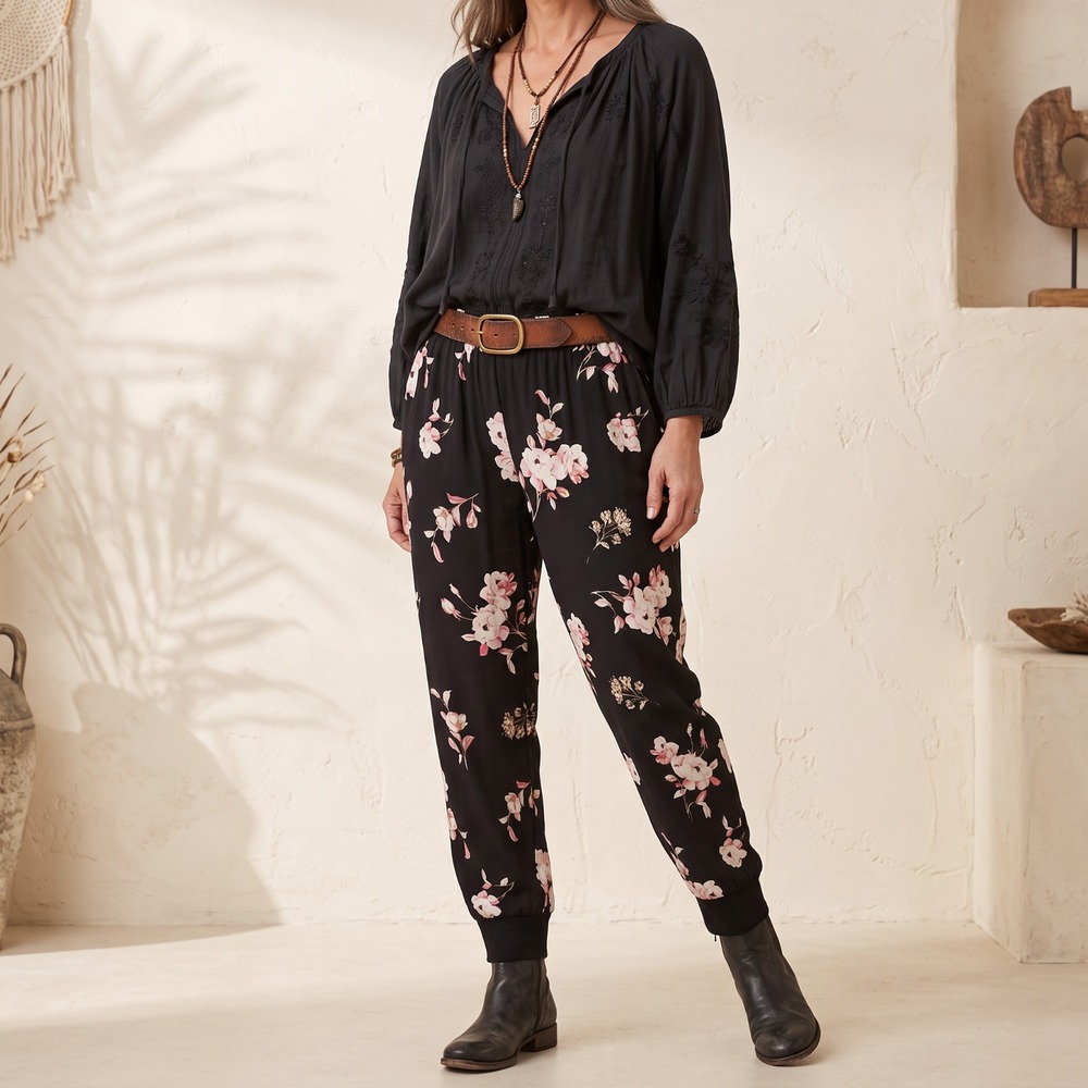 SOHO Black Pink Floral Jogger Pants Whimsigoth Dark Feminine 90s Coquette M